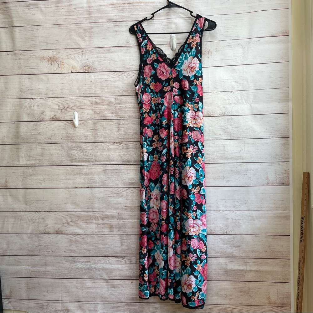 VINTAGE VANITY FAIR FLORAL LONG GOWN AND ROBE SET WITH BLACK LACE YTIM - Picture 5 of 12